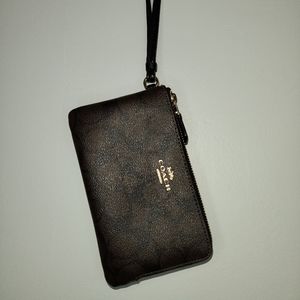 Coach two pocket wristlet, brown w/gold accent